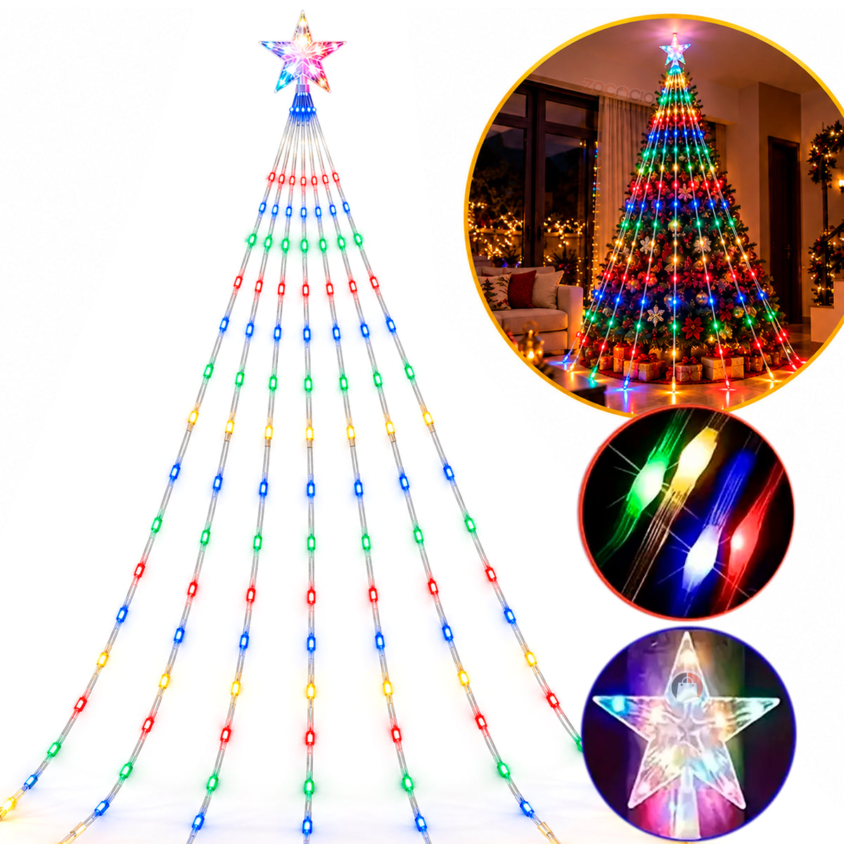Estrella navideña con ramal de luces LED multicolor