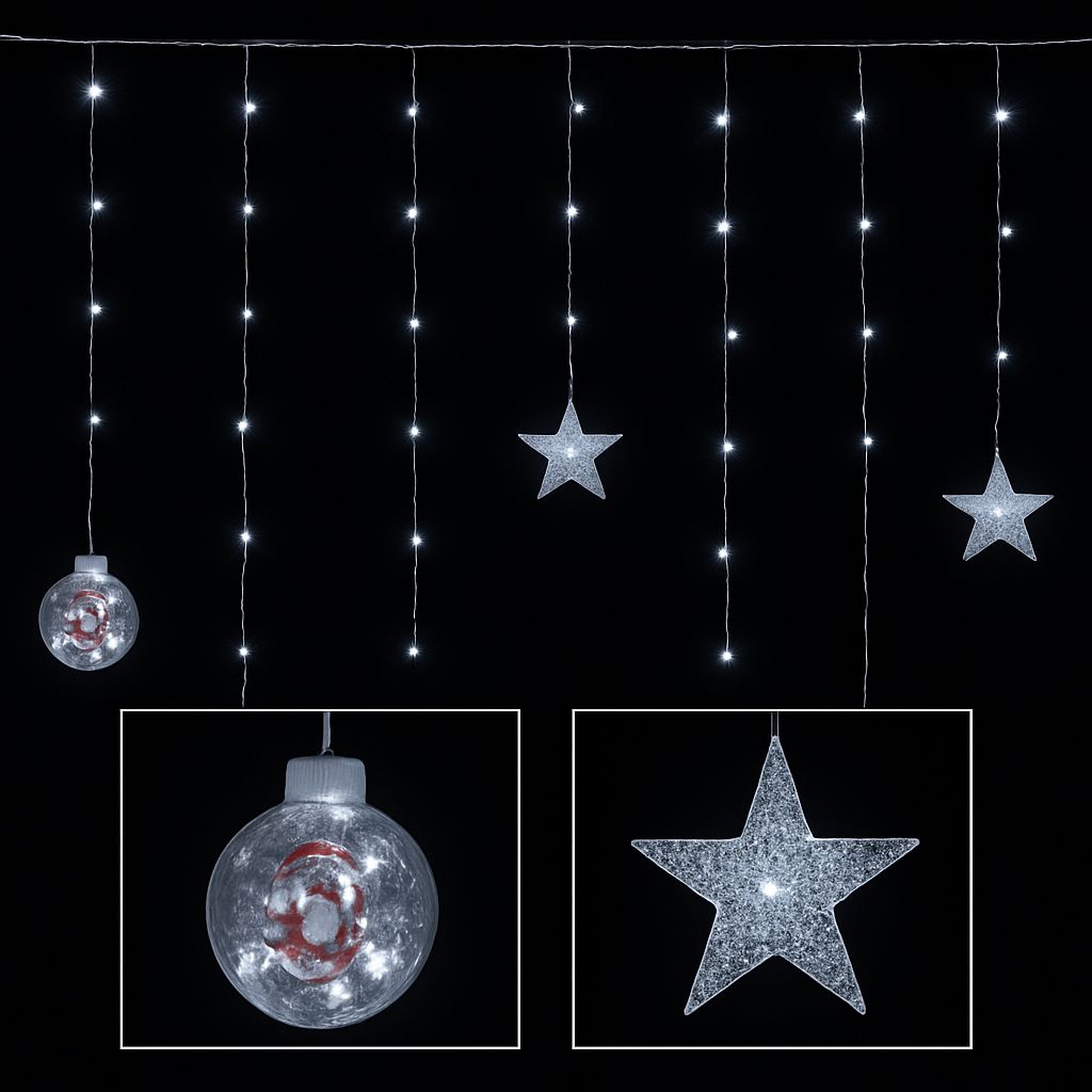 Cortina de luces esferas y estrellas en color blanco