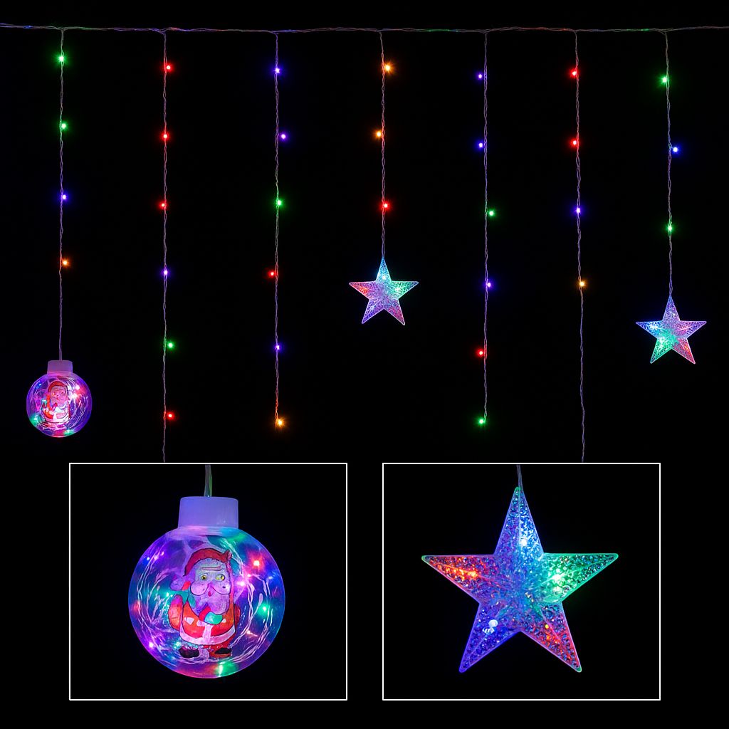 Cortina de luces esferas y estrellas multicolor