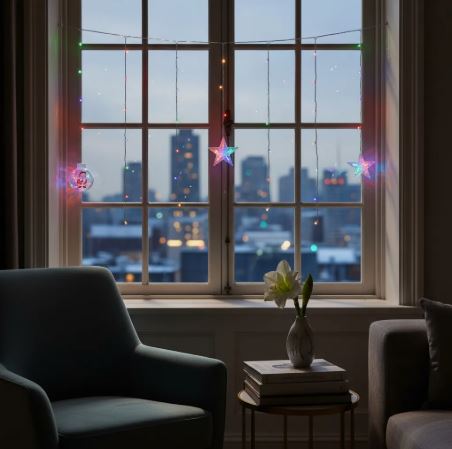 Cortina de luces multicolor instalada en una ventana