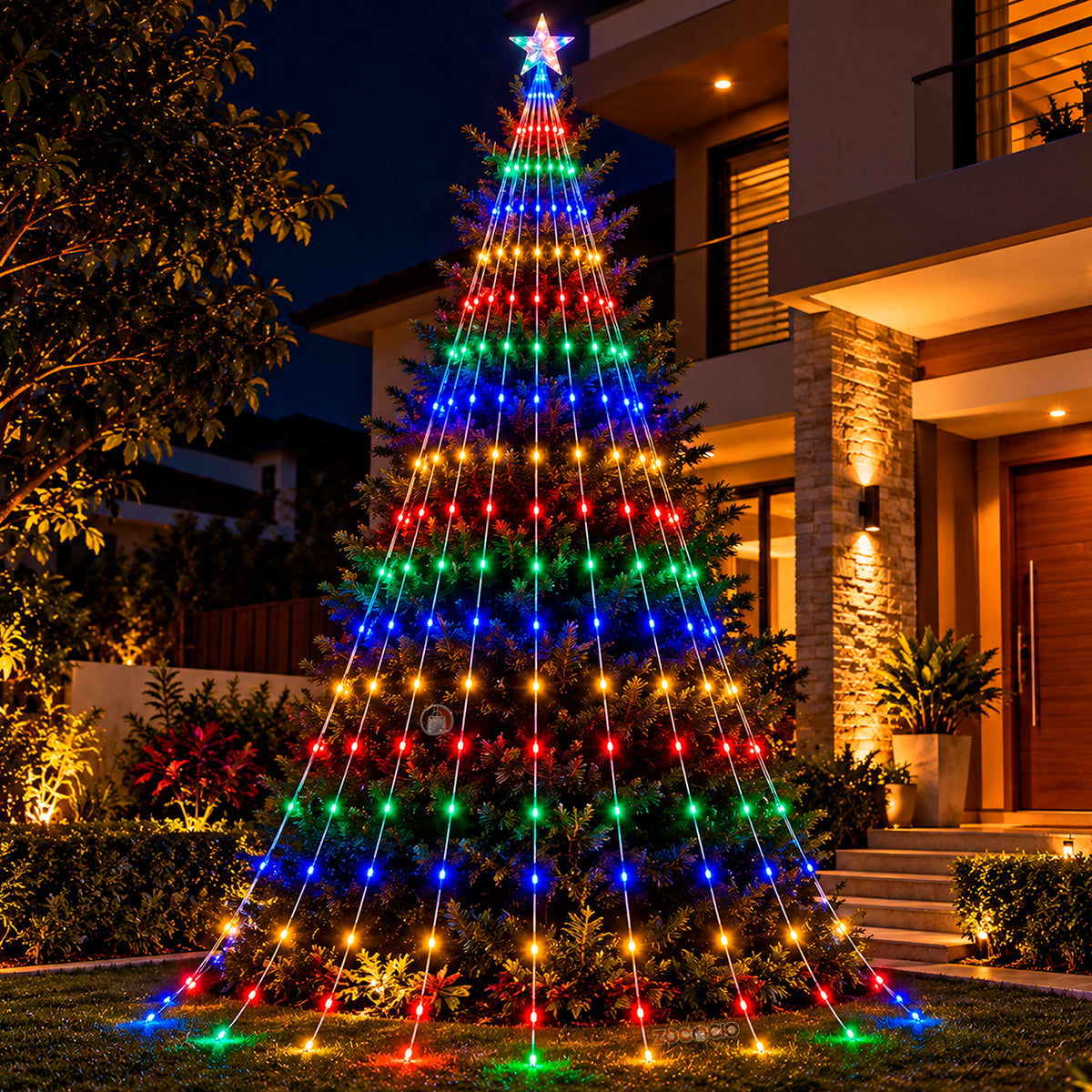 Árbol con estrella y cascada de luces LED multicolor