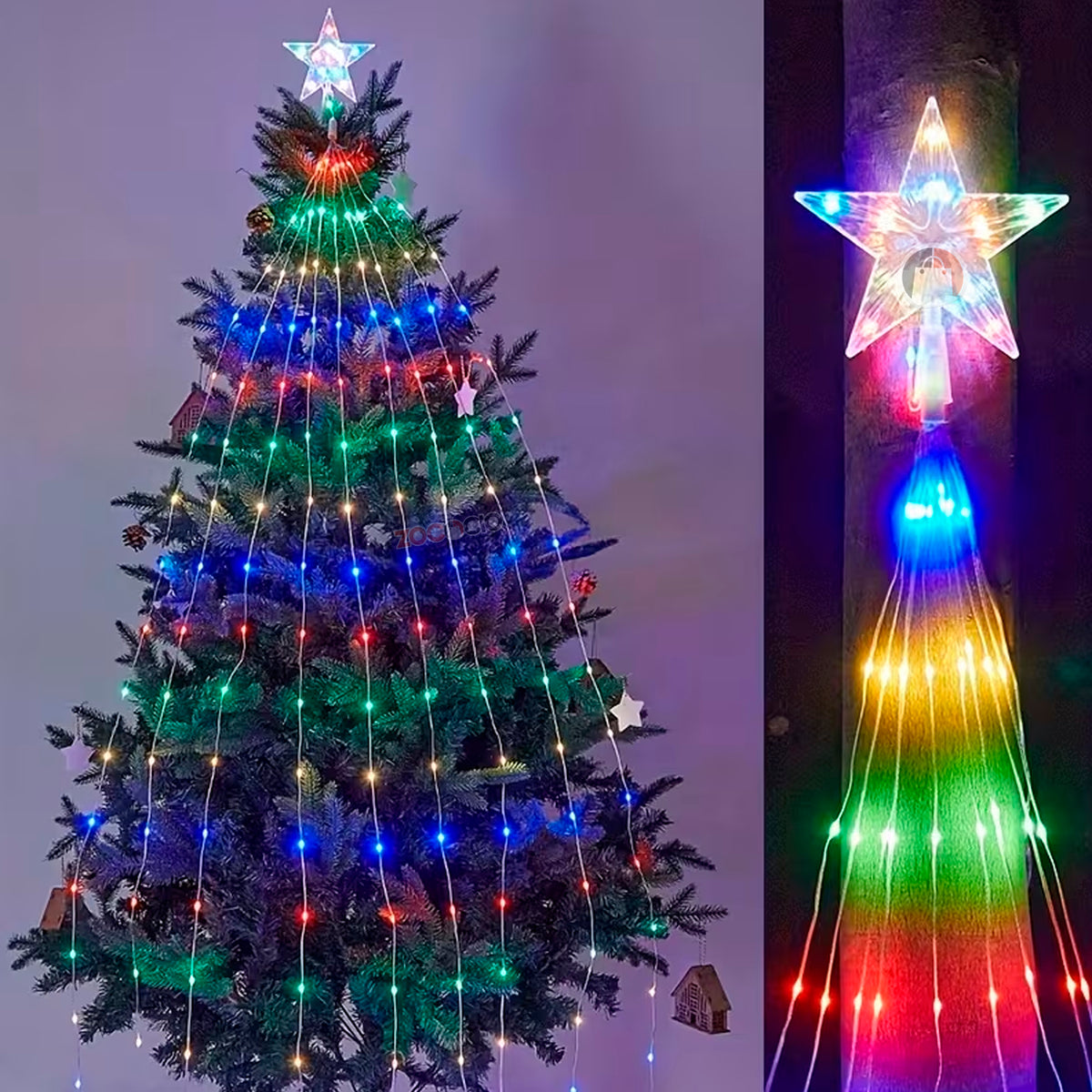 Árbol con cascada de luces y detalle de la estrella LED