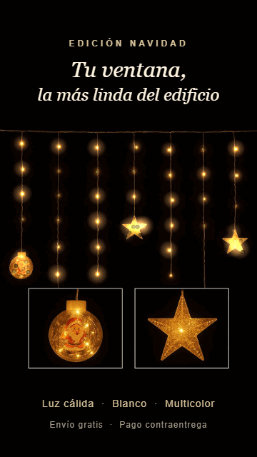Cortina de luces esferas y estrellas titilando en luz cálida