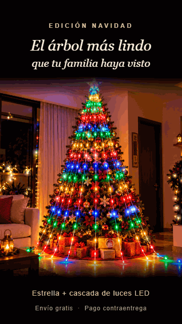 Árbol de Navidad con estrella y cascada de luces LED multicolor titilando